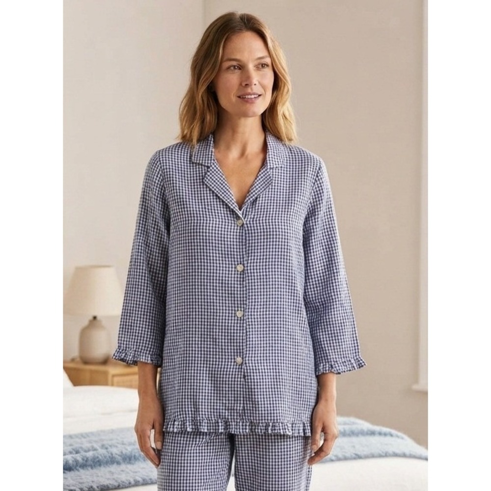 Vermont Country Store Button Down Long Sleeve Gingham Ruffle Hem Top Women's L